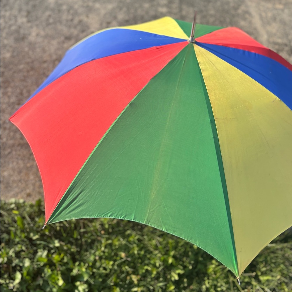 Vintage 1980s Rainbow Umbrella w/ Wood Handle – Rare Pride Colors - Picture 3 of 6
